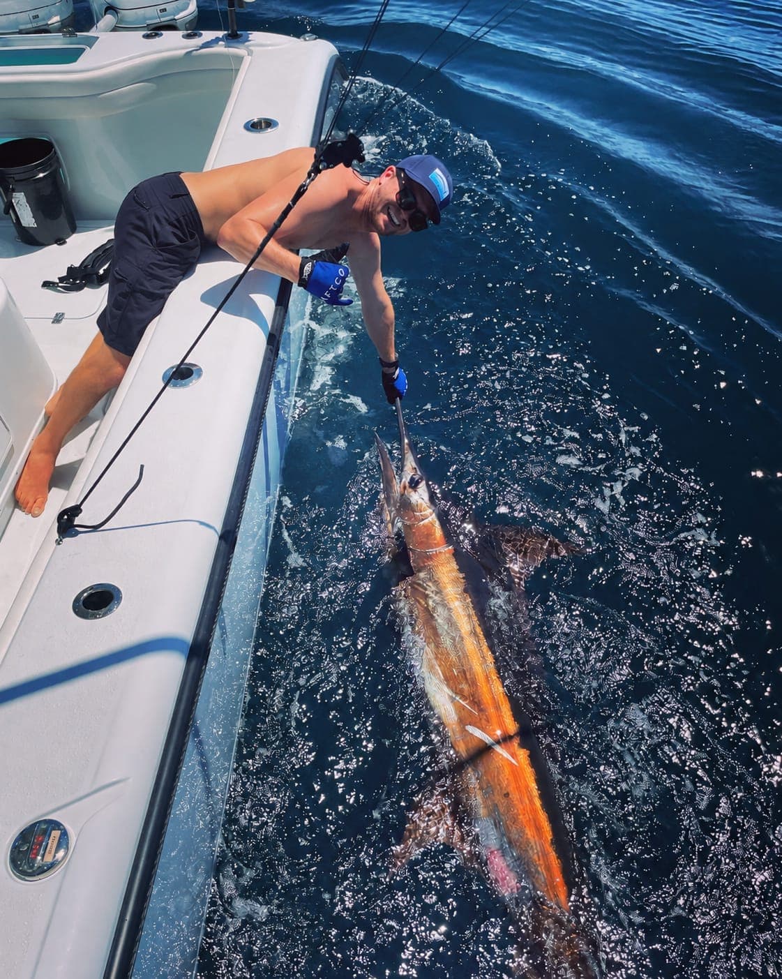 Garreth leaning over the gunwale to a billfish held alongside in deep blue water.