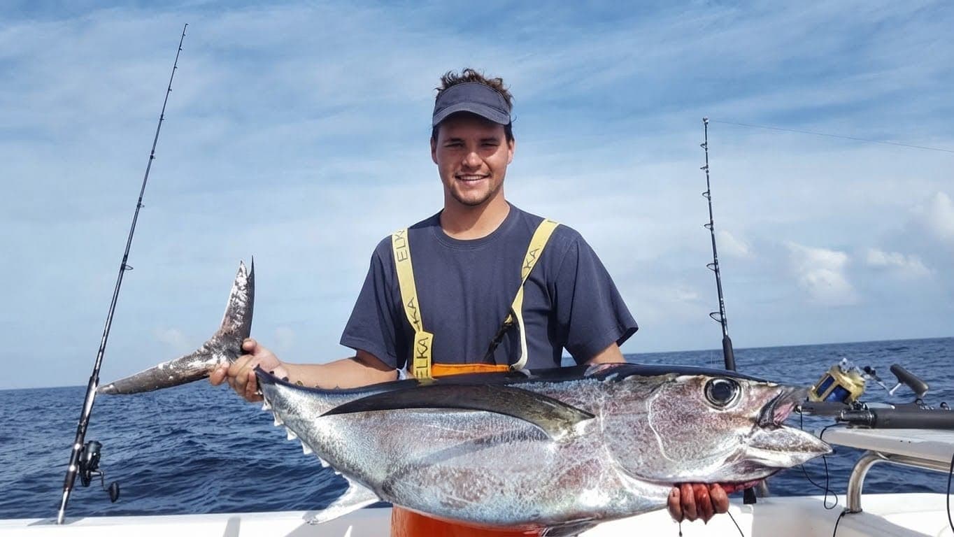 An angler in bibs holding a tuna across his body, with rods and open sea behind.