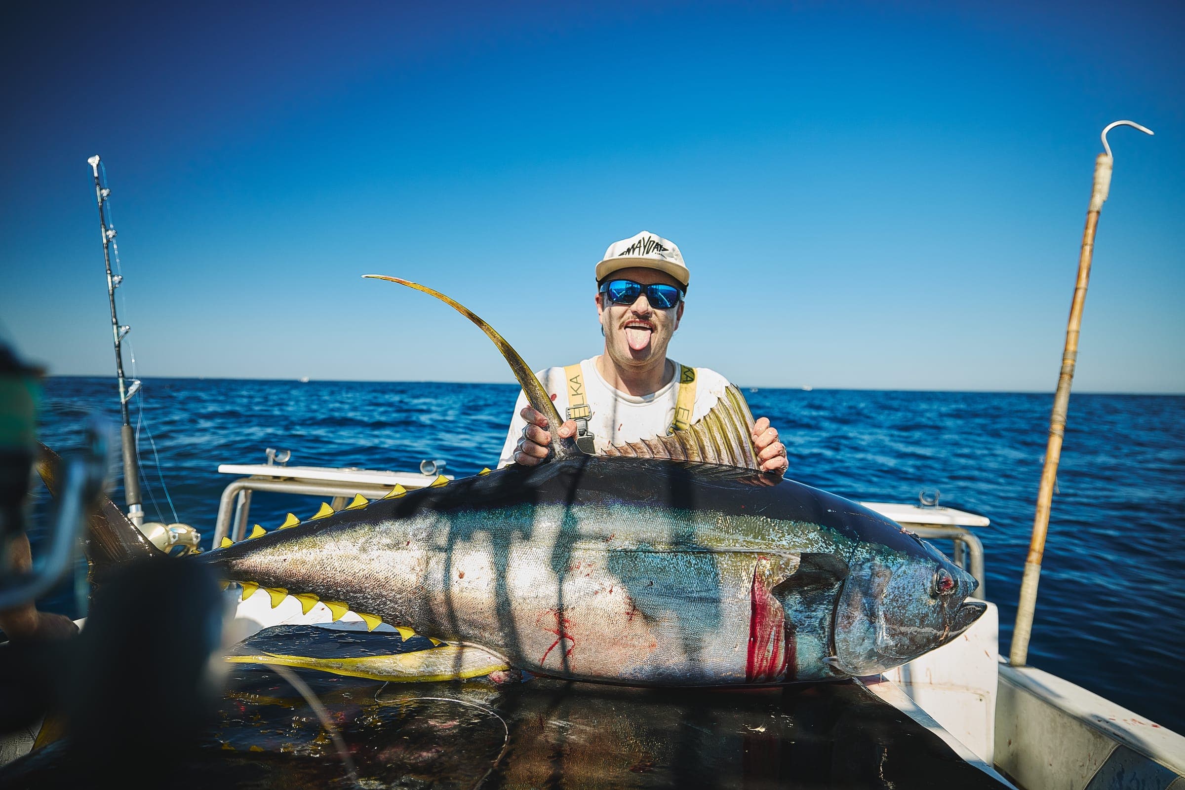An angler crouched behind a yellowfin tuna laid along the gunwale, rods overhead.